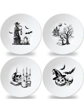4-Piece 10-Inch Halloween Dinnerware Set - Gothic Skull, Bat & Tombstone Plates